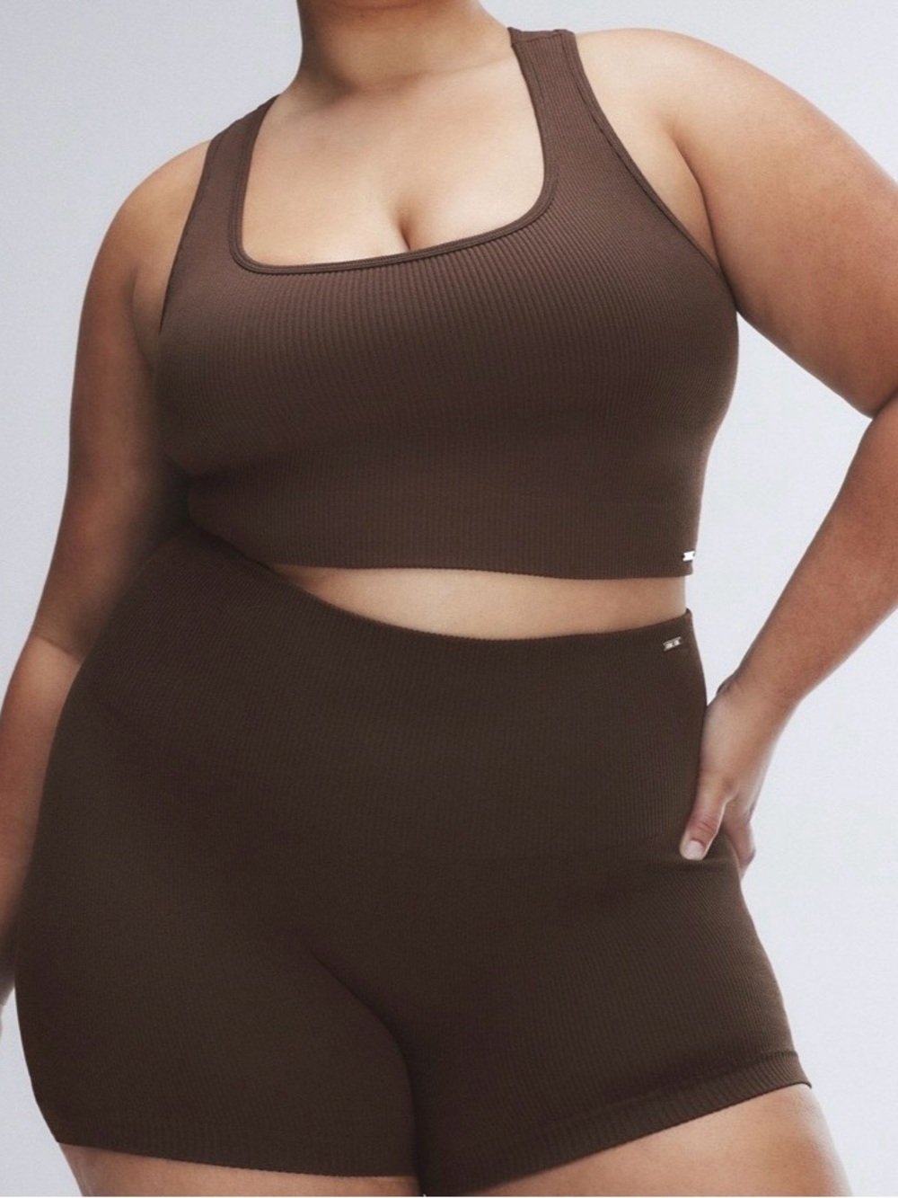 Savage X Fenty Ribbed Scoop Neck Bralette and High-Waist Shorts Set - Brown